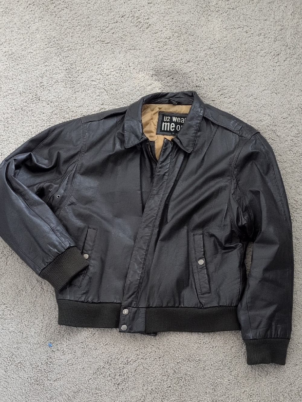 Vintage U2 Wear Me Out Genuine Leather Leather Bomber Jacket with Tan Interior